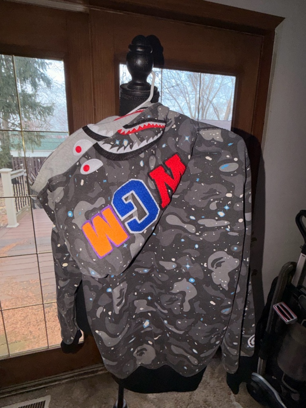 Bape Shark Hoodie Jacket in Gray Camo with Red, Blue & Orange Accents